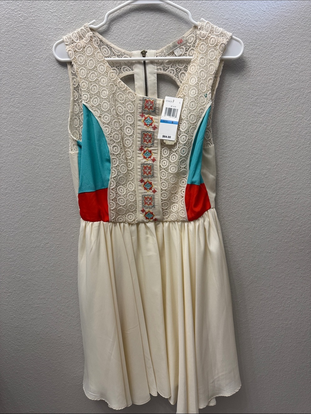 GB girls Cream Lace Dress with Turquoise Panels and Red Waist Inserts